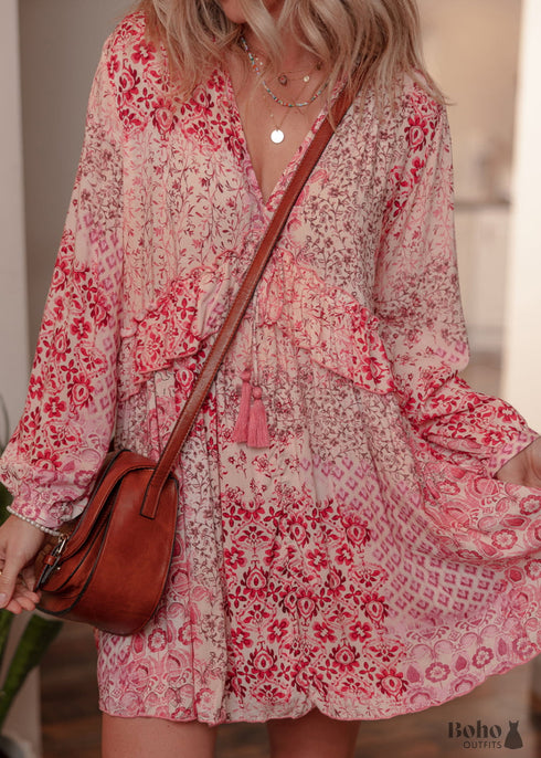 Pink Bohemian Floral Print Tassel Tie Long Sleeve Flowy Mini Dress